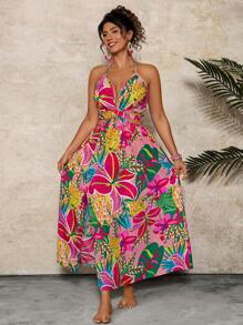 Travachic Plus Size Summer Holiday Pink Tropical Floral Print Maxi Dress With V-Neck, Waist Cutout And A-Line Skirt, Leopard Print Front Slit Long Dress, Bohemian Island Beach Maxi Dress Beach Outfits For Woman Beach Vacation Outfits Airport Outfit Women Holiday Outfits Summer Outfits Boho Chic Boho Style Women Clothing Brunch Outfits For Women Beach Vacation Outfits City Break Outfits Western Clothes For Women Western Wear Women Plus European Summer Island Vacation Outfits Honeymoon Outfits Woman Old Money Saint-Tropez Outfits Tulum Outfits South Beach Outfits Santorini Greece Outfits Amalfi Coast Outfits Ibiza Outfits Island Girl Plus Leopard Print Cheetah Print,Summer Dresses For Women - Hot Pink - View 5