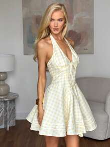 SHEIN BAE Vestido mini elegante con escote en V sin mangas, ajustado, con volantes, a cuadros amarillos, para primavera/verano, vestido de vacaciones - Amarillo - Ver 5