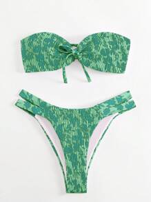 Swim Mod Ensemble de bikini bandeau imprimé contrasté pour femme, maillot de bain à la mode pour l'été - Multicolore - Voir 1
