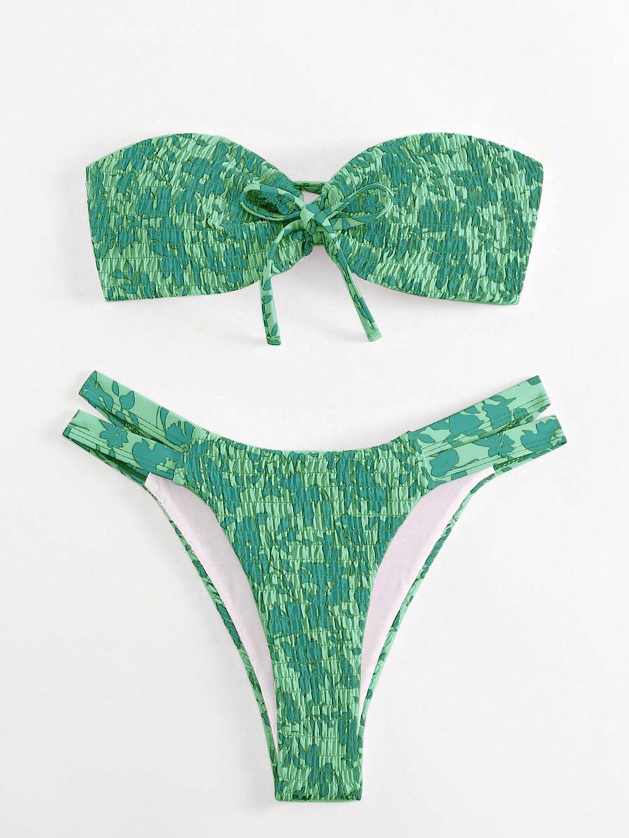 Swim Mod Ensemble de bikini bandeau imprimé contrasté pour femme, maillot de bain à la mode pour l'été - Multicolore - Voir 1
