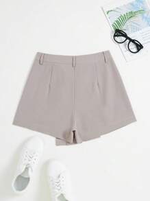 Sweetra Pantaloncini da donna di moda in stile retrò francese, con design asimmetrico, vita arricciolata, vestibilità slim, tinta unita - Grigio Chiaro - Visualizzare 7