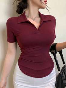 DAZY Women's Sexy Slim Fit Lapel Short Sleeve T-Shirt, Summer,Back To School Clothes Preppy Tops - Burgundy - View 4