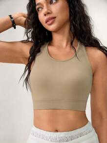 Hanevo Solid Color Hollow Shoulder Round Neck Summer Cropped Yoga Tank Top Bra Style Sportwear For Daily Wear - White - View 6