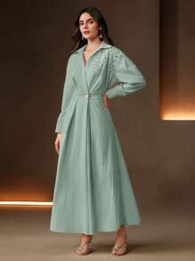 Anewsta Elaire Spring, Festival, Holiday, Vacation Elegant Loose Fitting Vintage Studded Waist Drop Shoulder Shirt Dress For Women