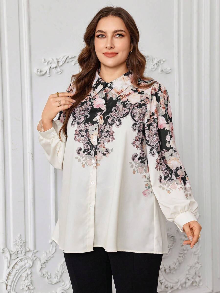 Graceveil قميص أنيق وعصري مطبوع بزهور بجيب واحد مقاسات كبيرة - لون مشمشي - مشاهدة 1