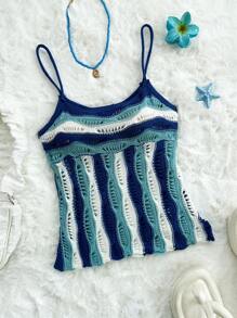 Sweetina Summer Going Out Vacation Beach Hawaii Blue Women Cute Crochet Casual Color Block Cropped Knit Camisole