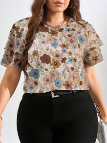 Reflora Plus Size Summer Background Printed Sleeve Double Ruffle Hem Blouse, Elegant Bohemian Boho For Daily Wear, Spring Dinner Office Beige - Multicolor - View 1