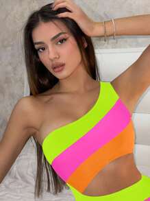 SHEIN Swim 女士条纹连体镂空腰部泳衣，度假风格