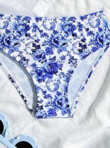 SHEIN Set di 3 pezzi di costume da bagno tankini a fiori minuti per giovani ragazze, con parte superiore, slip bikini e pareo, outfit casual da spiaggia