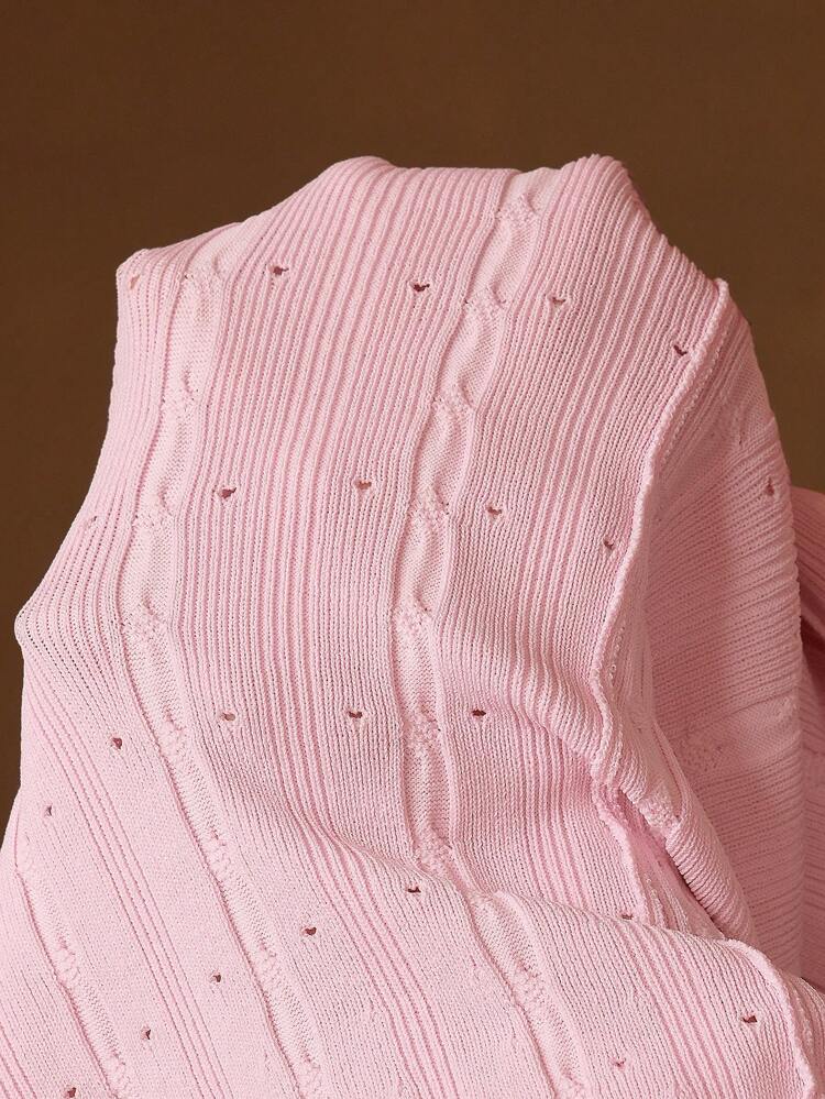 Elegant Solid Color Knitted Heavy-Weight Perforated Twist Rope Aran Cable Knit Long Sleeve Frill Trim Button-Up A-Line Dress, Suitable For Autumn, Winter, Formal, Party, Elegant, Leisure, Work, Graduation, Wedding