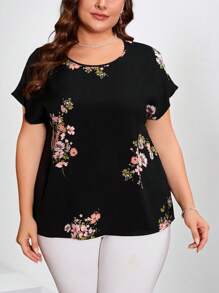 Chikora Plus Size Women Floral Printed Black Shirt,Patterns Are Randomly Cut Without Positioning
