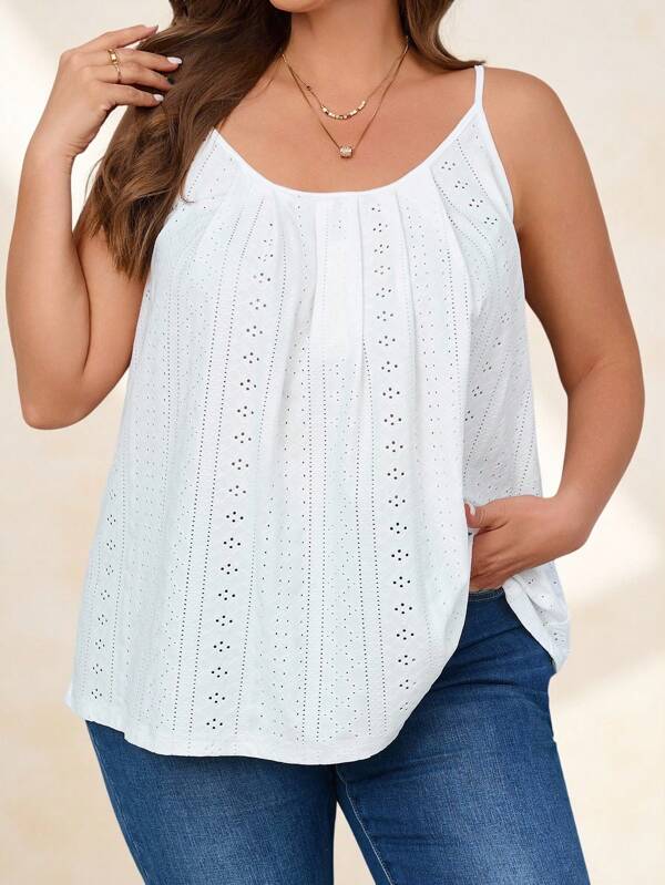 Chikora Plus Size Solid Color Hollow Out Embroidery Camisole Top For Summer