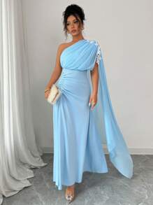 Rafferiza Women's Elegant Ruched One Shoulder Ruched Applique Decorated Dress - Baby Blue - View 5
