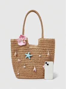 ROMWE Fairycore 1件花朵、贝壳和海星图案夏季新款沙滩包、手工草编托特包、大容量单肩包（配件需DIY组装） - 彩色 - 查看 3