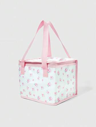 Kawaii 1pc Pink Rose & Ditsy Floral Printed Fashionable Large Capacity Insulated Lunch Bag, Waterproof, Suitable For Back To School And Picnics