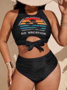 Slaydiva Bộ đồ bơi bikini cỡ lớn mới 2025, họa tiết cây dừa & chữ in, quần bơi cạp cao buộc dây, thon gọn, phong cách bãi biển, phù hợp với thị trường Châu Âu & Hoa Kỳ - màu đen - Xem 5