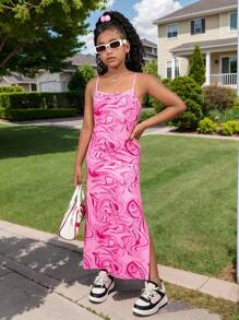 SHEIN 青少年女孩休闲街头风格针织几何印花细肩带开衩下摆连衣裙 - 玫紅色 - 查看 3