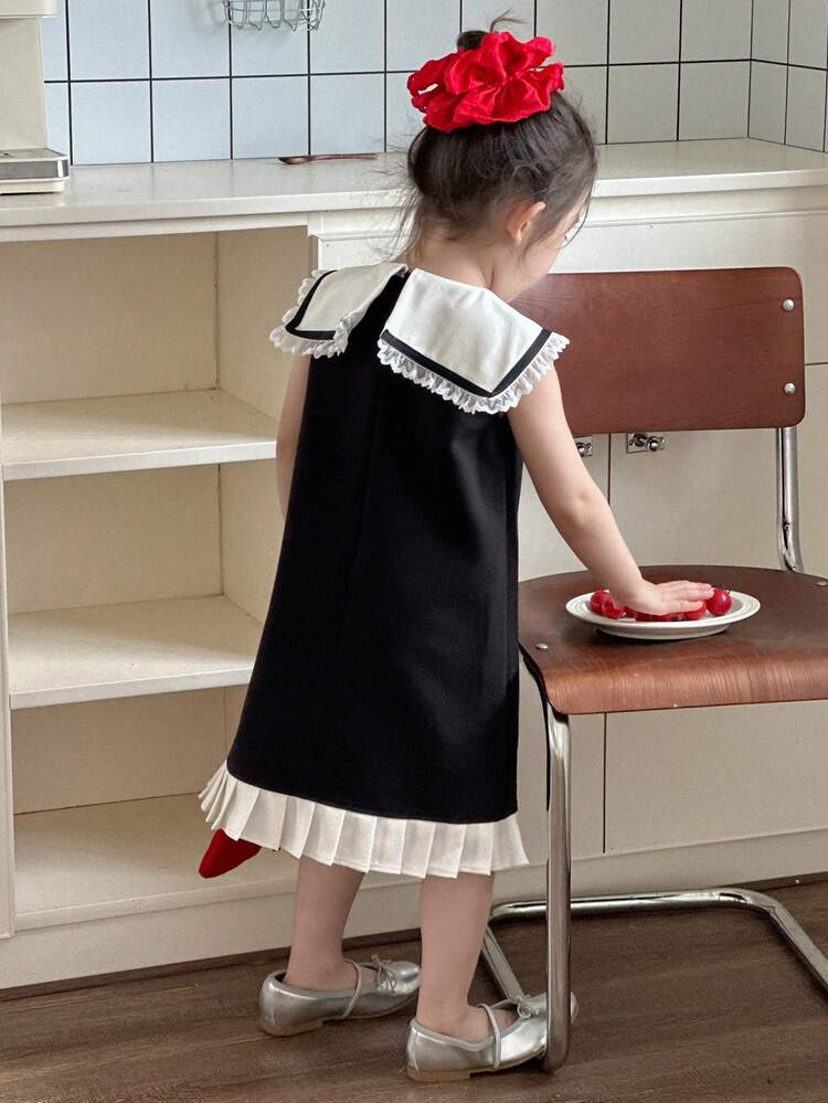 Young Girl Collar Contrast Color A-Line Midi Dress, Cute & Fresh,Girls Summer Outfits