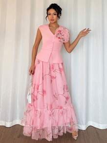 Elenzga Top elegante e romantico da donna con vita raccolta e decorazione floreale 3D, set di due pezzi con stampa floreale in rete, arricciato