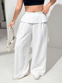 SHEIN EZwear بنطال مريح بخصر واسع وذو ساق واسعة وواسعة الأرجل للنساء ذوات الحجم الكبير، بلون أحادي لفصل الصيف - أبيض - مشاهدة 5