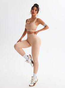 Dewbera Women's Solid Color Spaghetti Strap Fitted Top And Pants Sports Suit, Simple & Stylish Workout Women Sets - Dusty Pink - View 7