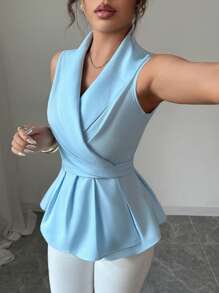 Elenzga Blusa elegante sin mangas con volantes en el bajo y el cuello, unicolor, verano, top con peplum