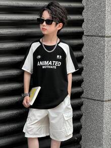 Dazy Kids Boys Kids Fall Outfit Set: Crew Neck Knit Printed T-Shirt + Shorts - Black and White - View 4
