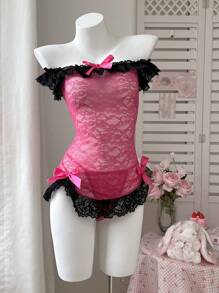 PetitDoll Fustă super scurtă, roz, cu model patchwork, cu umeri goi, cu pliuri, volane, fundă mare, culori contrastante, cămașă de noapte adorabilă și sexy pentru femei, potrivită pentru festivaluri de muzică, petreceri