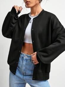 SHEIN EZwear Solid Drop Shoulder Bomber Jacket,Ladies Spring/Fall Casual Button Drop Shoulder Baseball Collar Oversized Black Plain Women Jackets,Casual Daily Wear - Black - View 1