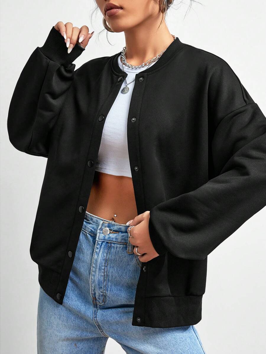 SHEIN EZwear Solid Drop Shoulder Bomber Jacket,Ladies Spring/Fall Casual Button Drop Shoulder Baseball Collar Oversized Black Plain Women Jackets,Casual Daily Wear - Black - View 1