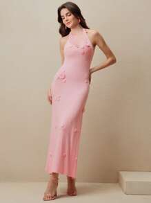 Anewsta Đồ bơi hở lưng hở vai gợi cảm 3D hoa màu hồng cổ tròn hở lưng xẻ tà cho nữ - Hồng - Xem 4