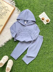 SHEIN Playful Pals 0-3 岁女婴四季服装套装：拱形下摆长袖卫衣 + 打底裤，3D“爸爸的女孩”标语，雾霾蓝色，棉质材质秋冬服装套装