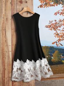 Linhara 优雅通勤休闲女士时尚蕾丝边圆领无袖中长连衣裙设计，蕾丝下摆拼接，黑白色，加大码，适合春夏秋季 - 黑與白 - 查看 2
