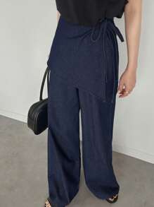 FRIFUL Pantalones rectos con volante desmontable en azul oscuro lavado con set casual y versátil de 2 piezas, ideal para usar en el aeropuerto y de vacaciones