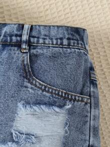 Teen Girls Y2K Style Faded Distressed Ripped Loose Straight Leg Denim Shorts, Soft & Comfortable Fabric, & Versatile For Casual Wear - Light Wash - View 4