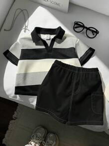SHEIN 2 件套男婴休闲条纹 Polo 衫和白色短裤套装，适合生日派对、晚会、婚礼、迎婴会、1 岁生日庆祝活动和其他场合男婴夏季套装男婴条纹 Polo 衫和短裤套装黑白男婴服装，返校服装 - 彩色 - 查看 5