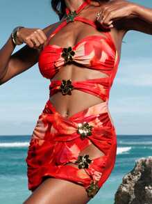 Opulessa Women's Summer Beach Floral Print Hollow-Out Halter Tied Sexy Bikini Set,Summer Outfits For Women,Rave Outfits Festival,Beach Outfits For Woman,Floral,Sheer,Country Concert Outfit, Holiday Outfits,Holiday Clothes,Beach Outfits For Woman,Vacation Outfits Woman,Sarong,Beach Dress - Multicolor - View 1