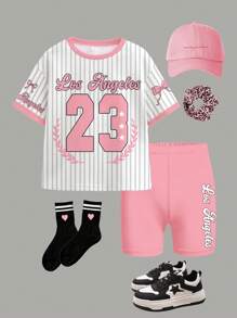 SHEIN Leap Crew Conjunto de top de manga corta y shorts casual y simple para niña, apropiado para el verano - Multicolor - Ver 3