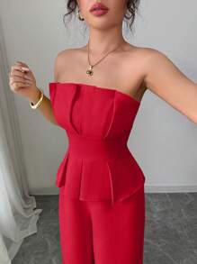 Elenzga 女士纯色收腰直筒阔腿裤，优雅无袖连体裤，适合通勤和休闲穿着 - 紅色 - 查看 6