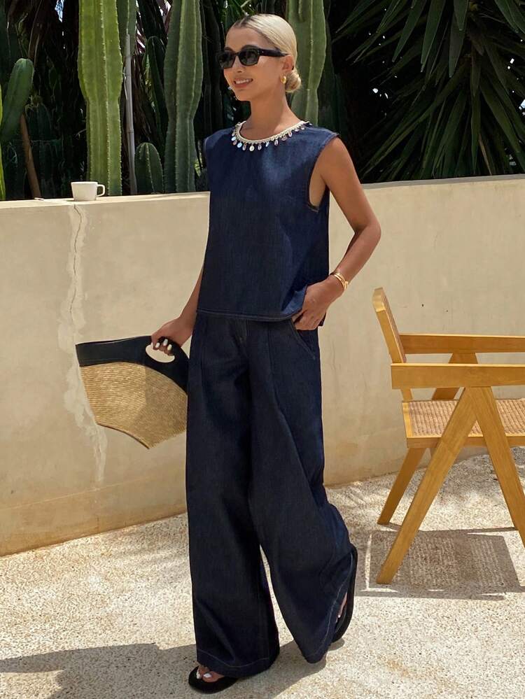 2pcs/Set Women Sleeveless Cropped Tank Top And Wide Leg Denim Pants, Spring/Summer Vacation