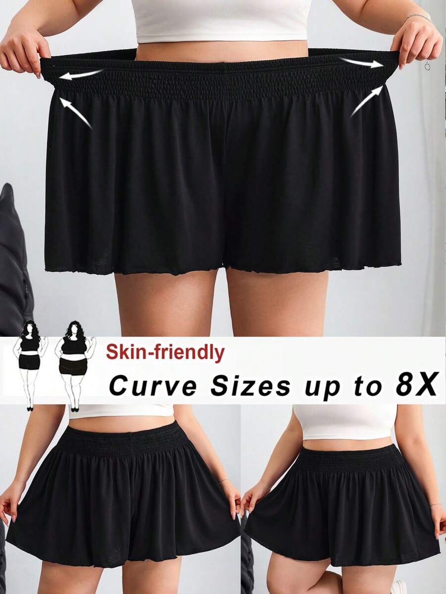 SHEIN CURVE+ 大码休闲纯色宽松短裤、夏季/图案T恤 - 黑色 - 查看 1