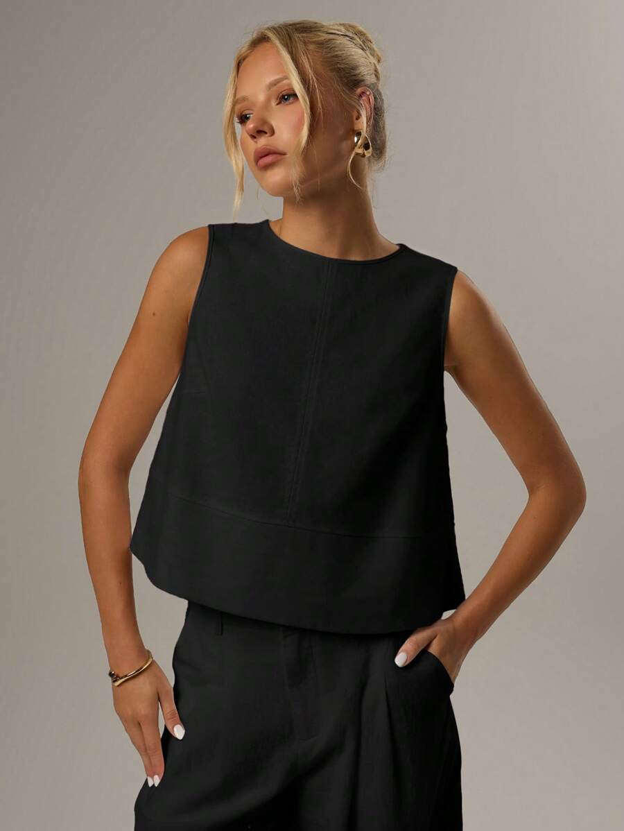 SHEIN Forever 21 女式无袖纯色休闲圆领衬衫，夏季 - 黑色 - 查看 1