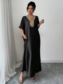 Chiquease 纯色纹理V领针织花卉开衩宽松女式短袖连衣裙 - 黑色 - 查看 4