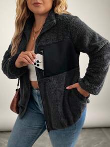 SHEIN LUNE 大码休闲双面羊毛拼布夹克 冬季冬装 - 黑色 - 查看 5