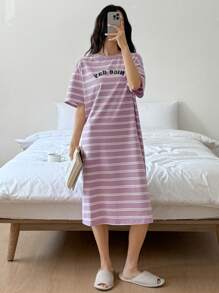 DAZY 女士字母印花条纹宽松T恤连衣裙家居服，Moo Moo 睡衣 - 紫色 - 查看 4