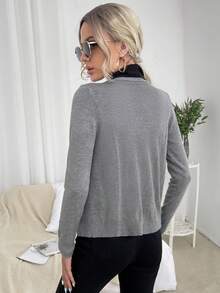 SHEIN LUNE 女式纯色长袖单排扣休闲针织开衫，秋冬 - 灰色 - 查看 2