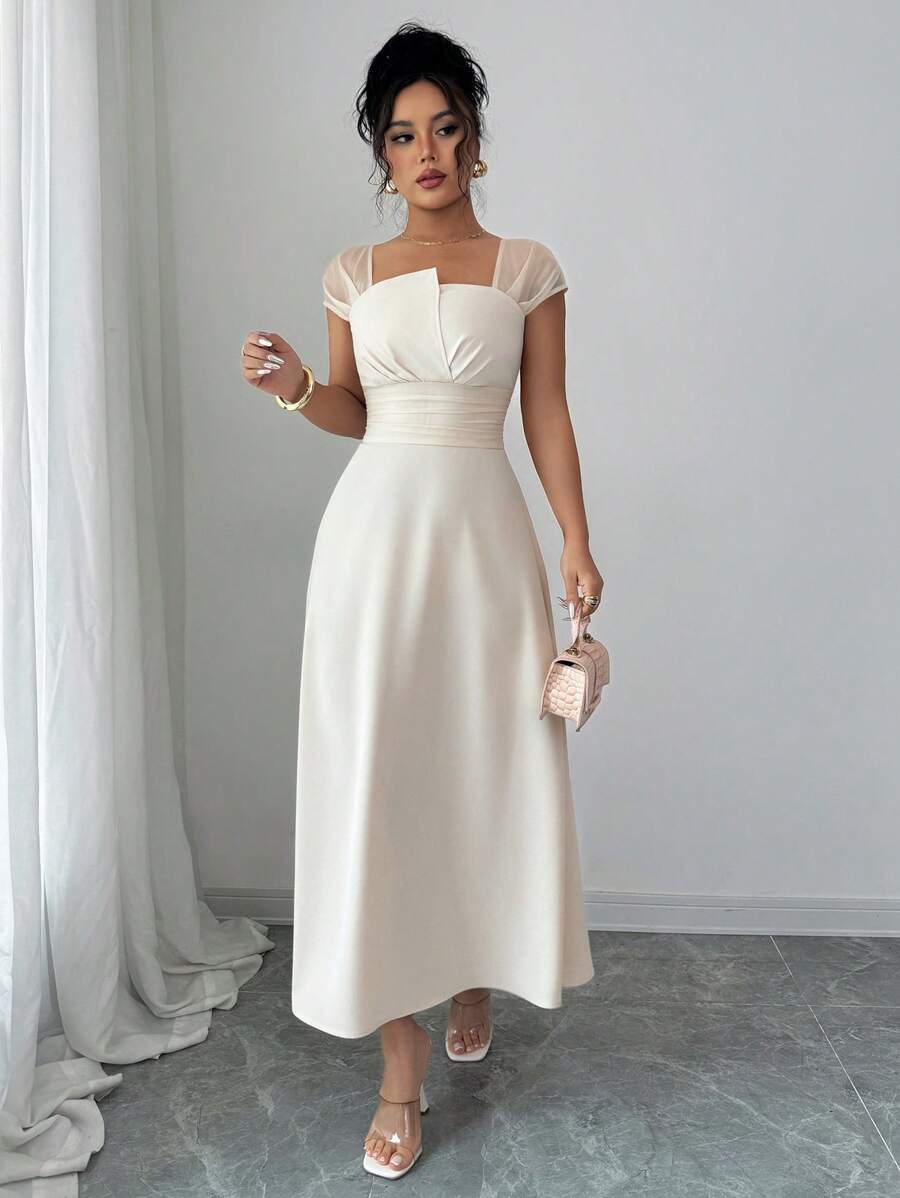 Selianne Đầm ôm body chắp vá tay lưới thường ngày cho nữ - Màu be - Xem 1