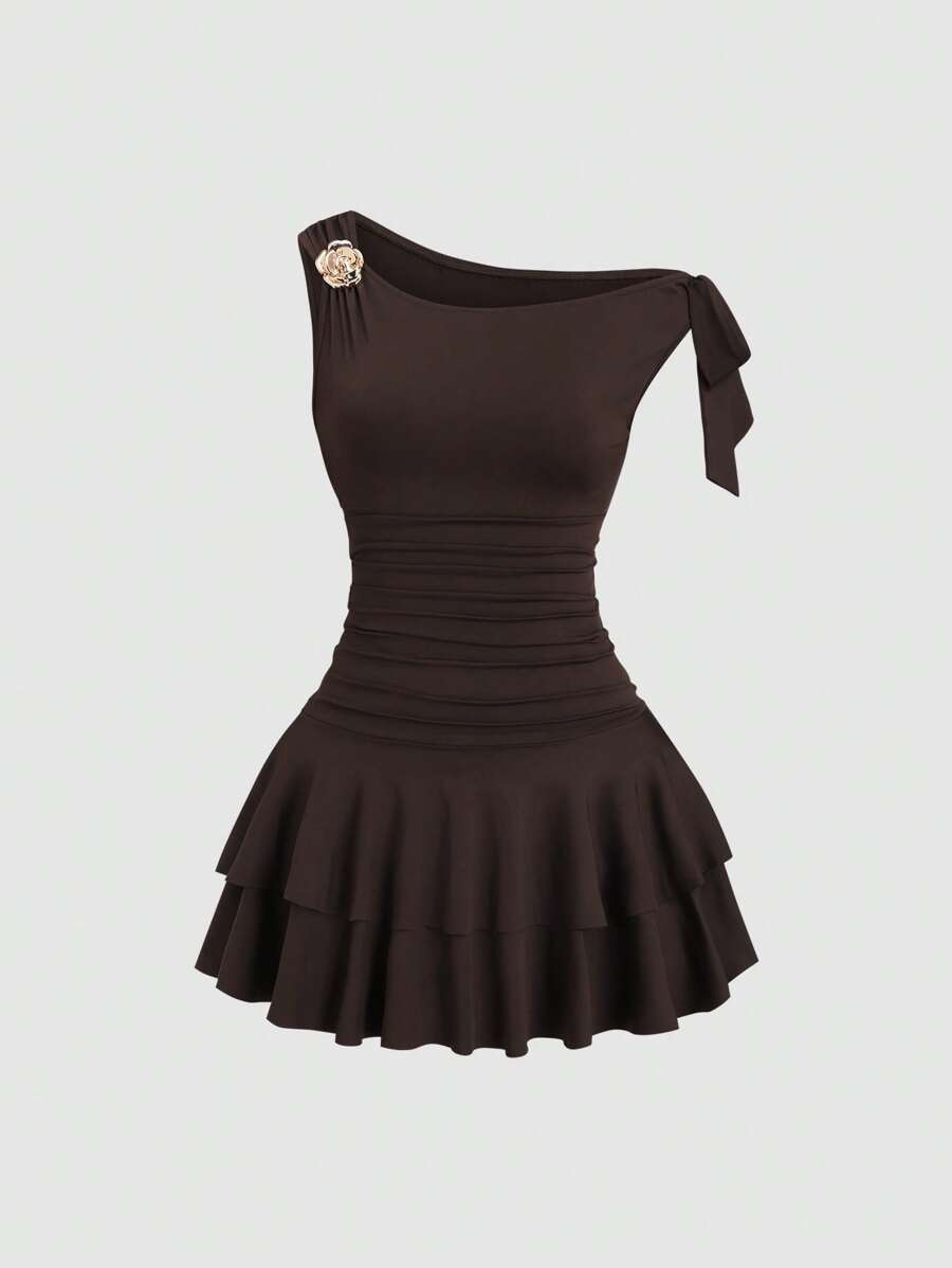 Sweetra Women Solid Color Metal Flower Decor Asymmetric Neckline Mini Dresses Brown - Coffee - View 1