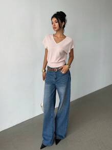 Siren Gaze New Summer Pink T-Shirt, Casual Waist V-Neck Drop Shoulder T-Shirt For Women, Cute Tops, Travel Tops - Apricot - View 6