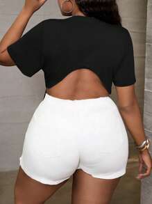 Dripcurv Blusa de manga corta con cuello redondo, estampado y lazo delantero, para tallas grandes, verano - Albaricoque - Ver 2